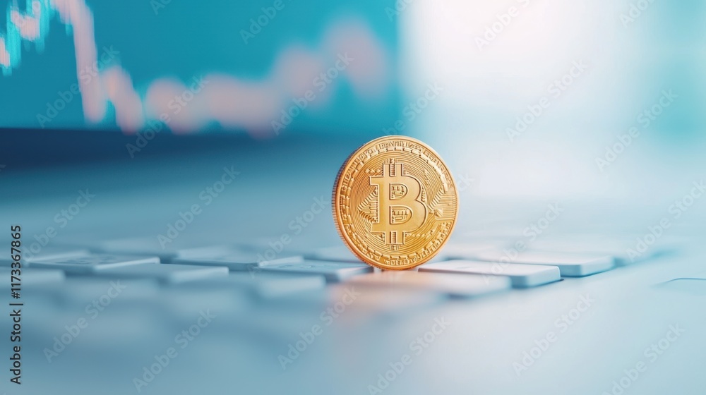 Poster a close-up shot of a gold bitcoin coin resting on a computer keyboard, representing the rise of digi