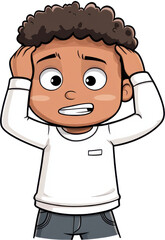 Frustrated cartoon character with curly hair holding head in distress