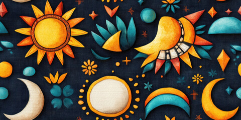Seamless bohemian background, A vibrant bohemian background featuring a tribal sun design, perfect for artistic projects and digital use, available in high fidelity.