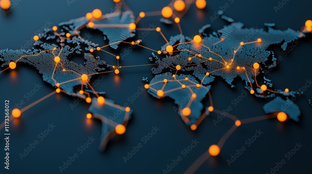 Aufkleber a world map with interconnected lines and glowing dots representing global trade routes, financial f
