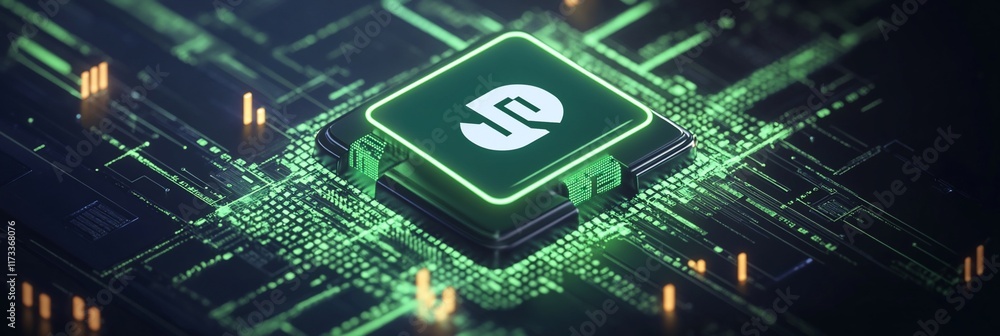 Poster green glowing microchip on circuit board.