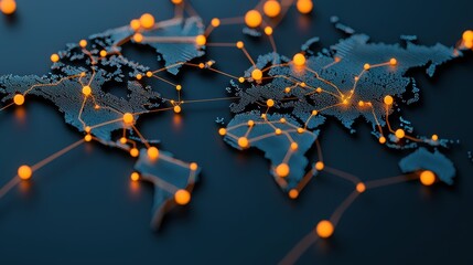 A world map with interconnected lines and glowing dots representing global trade routes, financial flows, and the interconnectedness of the global economy.
