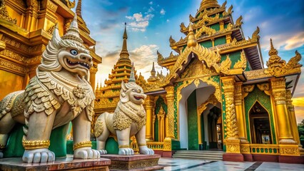 Fototapeta premium Majestic Entrance: Shwedagon Pagoda's Lion Guardians, Myanmar