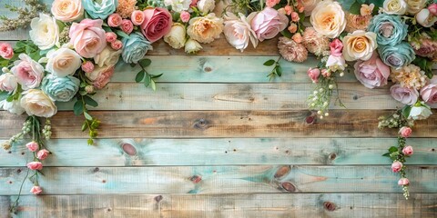 Distressed wooden wall adorned with lush artificial flowers in pastel hues and soft focus effect