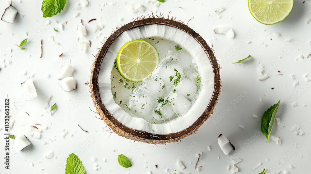 Poster refreshing coconut drink with lime and mint in coconut shell, ice cubes, and coconut flakes on white
