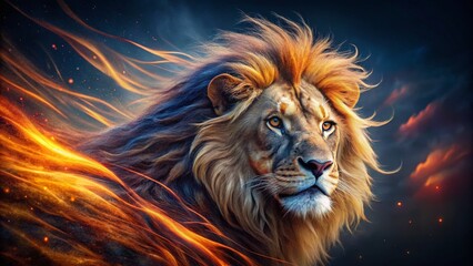 Naklejka premium Majestic Fire Lion: Long Exposure Photography of a Fiery Mane