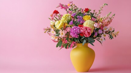Fototapeta premium A vibrant and cheerful bouquet of flowers in every color, housed in a yellow vase, set against a soft pink backdrop, capturing the essence of artistic springtime joy