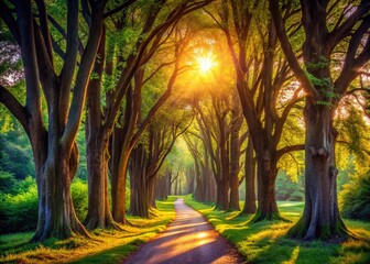 Naklejka premium Majestic Forest Path: Narrow Woodland Trail Leading Through Tall Trees