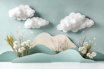 A whimsical scene where Kleenex tissues transform into clouds in a magical meadow