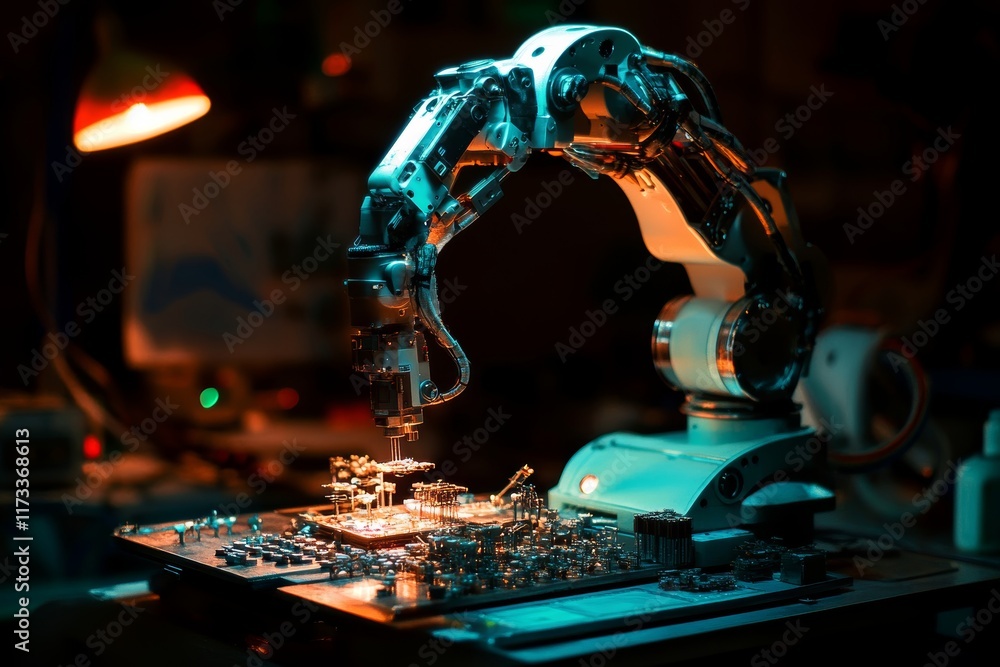 Poster a robotic arm works on a circuit board, showcasing advanced technology and automation in a high-tech