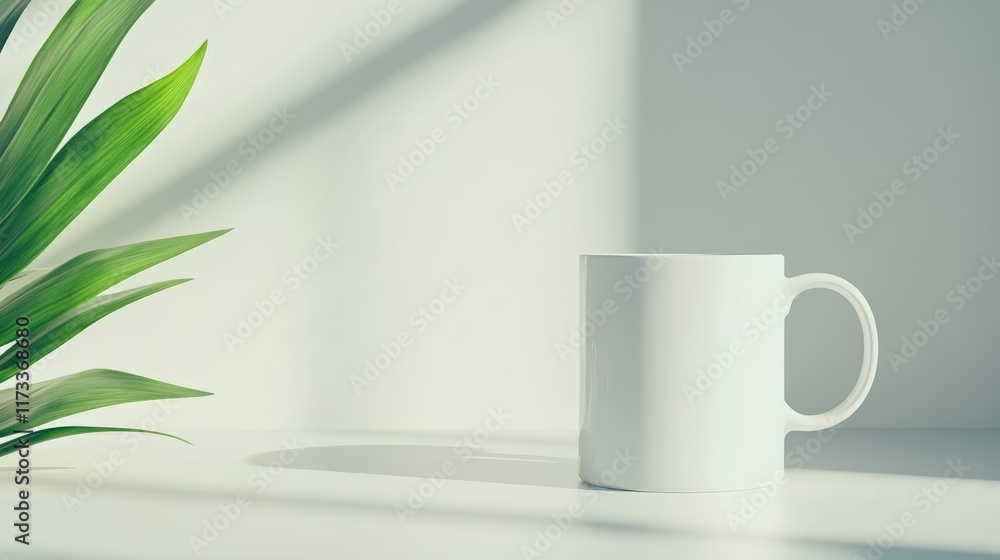 Poster white blank coffee mug mockup standing next to a tropical plant with window light casting shadows on