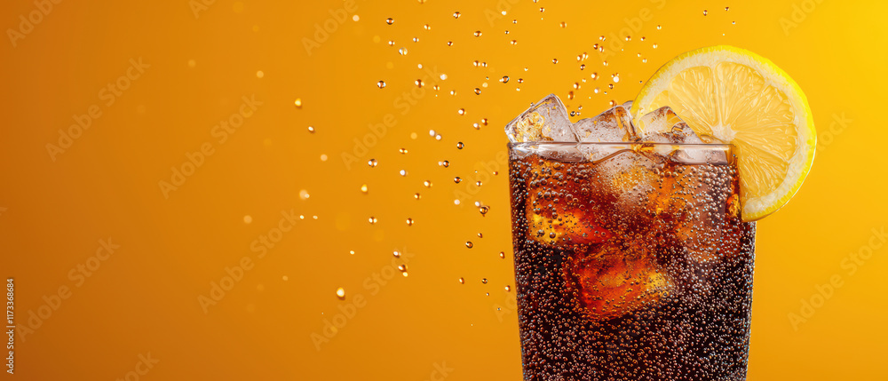 Poster refreshing beverage with ice and lemon slice against vibrant background
