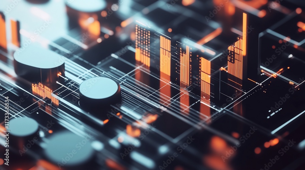 Poster Abstract 3D rendering of a futuristic cityscape with glowing orange and blue lines and cylinders.