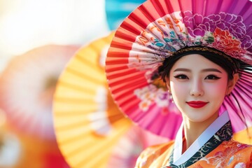 A woman performing a traditional Korean fan dance, with colorful fans, flowing hanbok, and a vibrant stage
