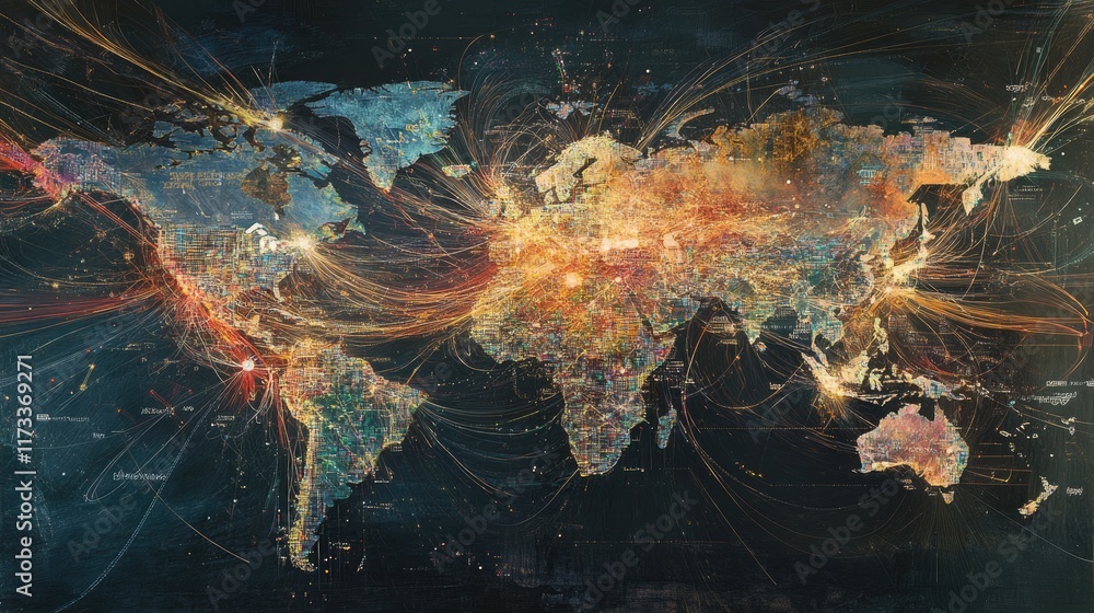 Poster A visual representation of worldwide internet streaming services, showing a network of data hubs across the globe, delivering media content