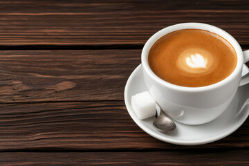 Obraz premium warm cup of coffee with latte art on wooden table
