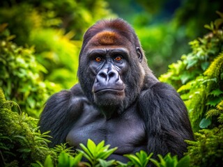 Naklejka premium Majestic Gorilla Portrait: Seated in Lush Garden Paradise