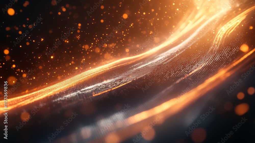 Poster abstract flowing data interface with sleek binary code patterns and glowing particles in dark backgr