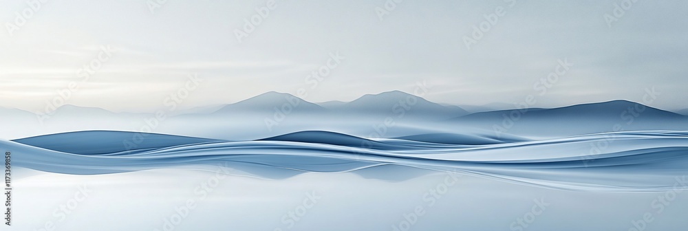 Poster serene misty mountains reflected in calm water, creating an ethereal landscape.