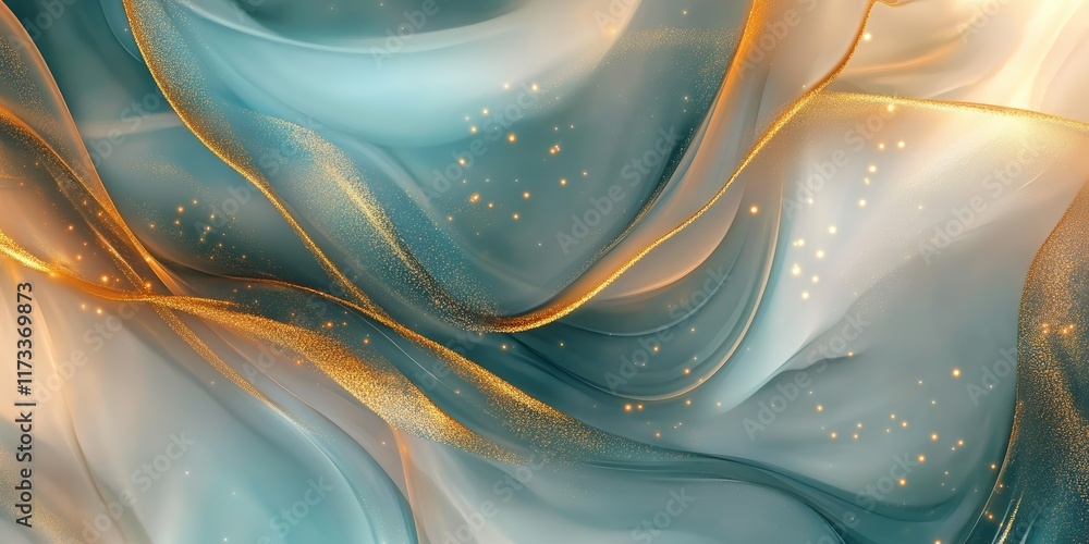 Poster elegant abstract design featuring flowing fabric-like textures with gold accents and sparkling parti