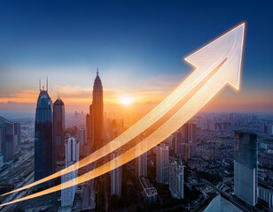 Urban Skyline Growth Financial Market Success, Digital Cityscape, Rising Economic Trends, Generated image