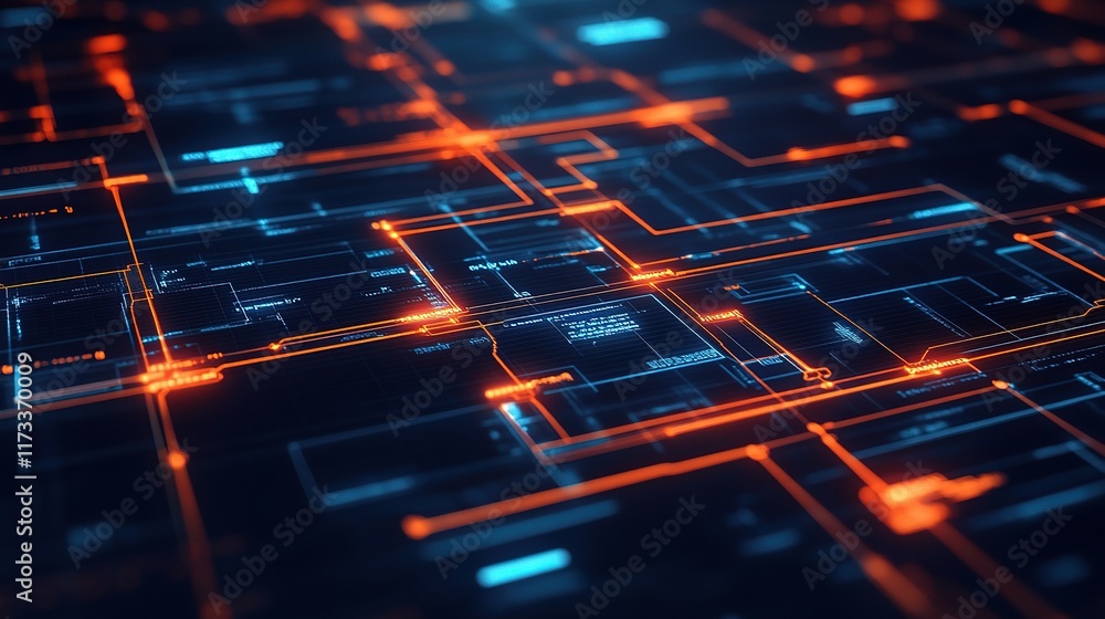 Poster business process automation flowchart concept with digital elements