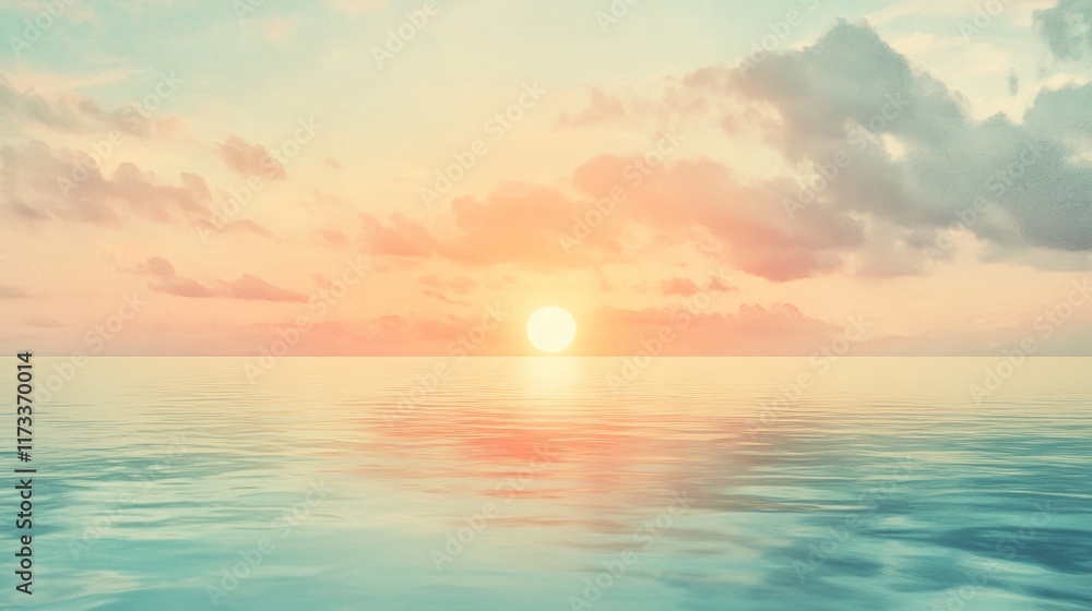 Poster captivating sunset over a serene ocean with colorful reflections and soft clouds, creating a peacefu