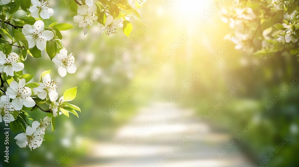 Poster Sunlit path through blossoming trees in spring.