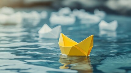 A yellow paper boat stands out, navigating independently among white boats on clear water, symbolizing leadership and the power of making unique decisions