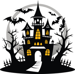 Halloween hunter house with bats on white background