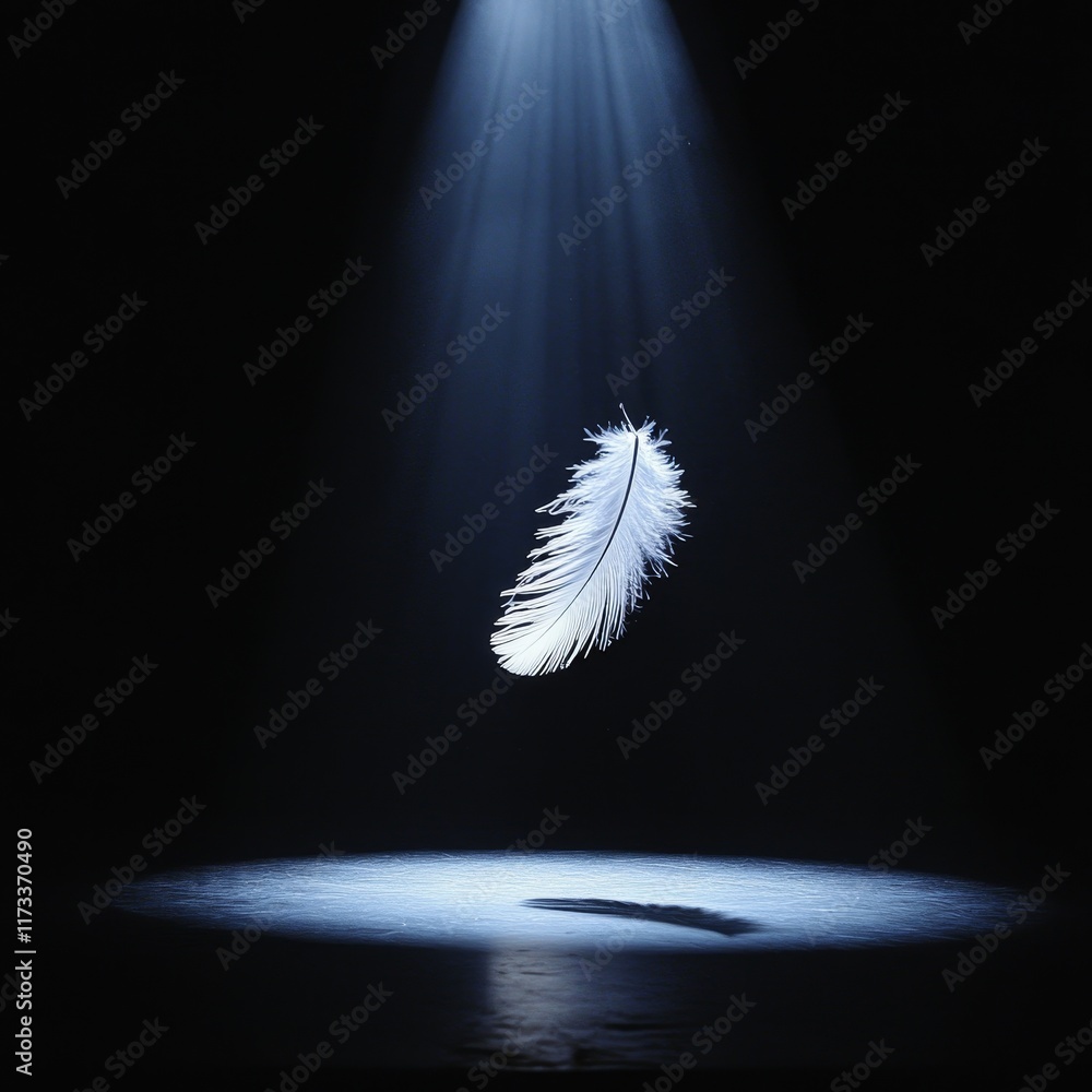 Poster a stunning close-up of a delicate white feather gently floating in a spotlight against a dark backgr