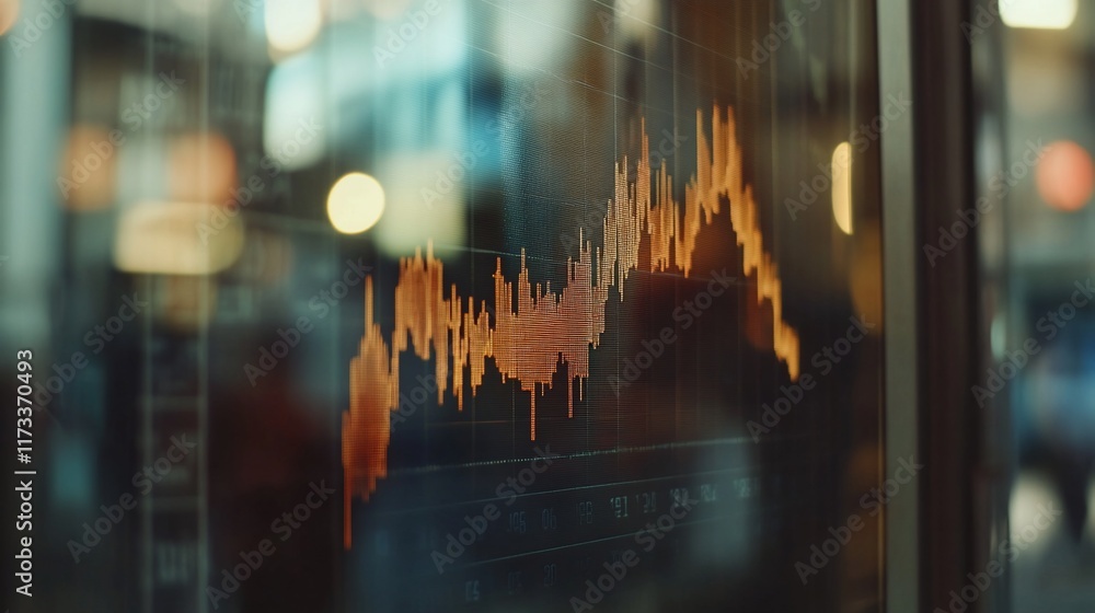 Poster stock market graph displayed on a screen, seen through a window at night.