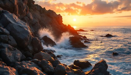 Obraz premium Golden Hour Ocean Waves Crashing on Rocky Coastline