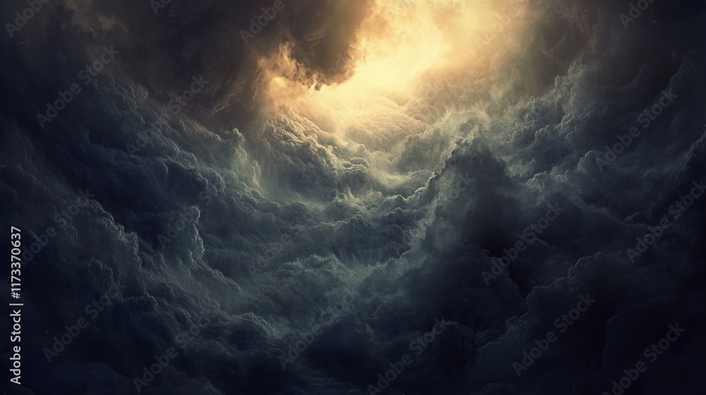 Poster a dark sky with a bright sun peeking through the clouds. the sky is filled with dark clouds and the 