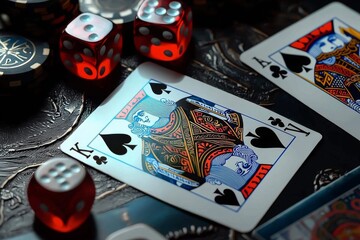 King of Spades among vibrant dice and colorful casino chips during a thrilling game night