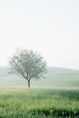 Fototapeta premium A lone tree stands in a misty meadow, surrounded by rolling hills and soft morning light, creating a serene and tranquil landscape.