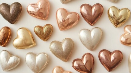 Obraz premium An elegant array of heart-shaped decorations in gold and rose gold, beautifully arranged on a soft neutral background, exuding luxury, love, and romance