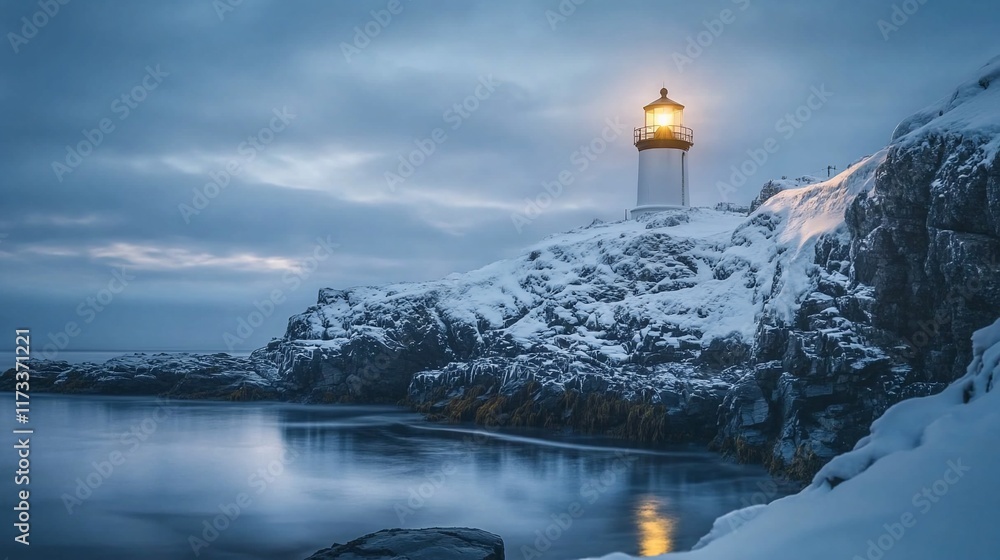 Poster luminous lighthouse on snow-covered coastal cliffs at twilight.