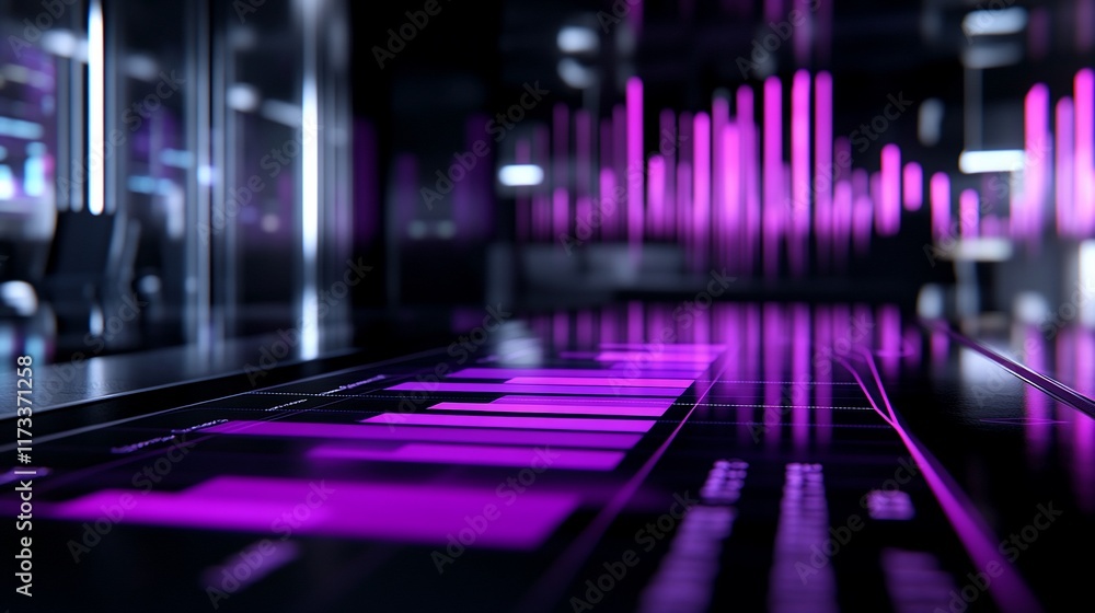 Poster futuristic purple data visualization on a sleek, reflective surface in a modern, dark setting.