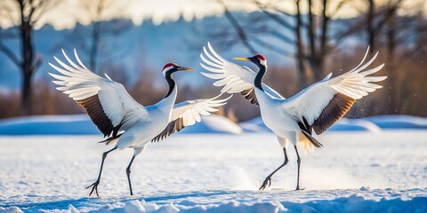 Obraz premium Majestic Japanese Cranes Dancing on Hokkaido Snow - Tsurui, Japan