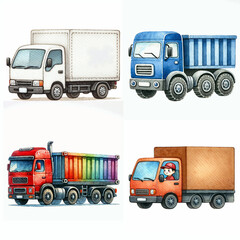 Colorful delivery trucks in various styles and sizes lined up on a white background
