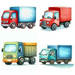 Colorful delivery trucks in various styles and sizes lined up on a white background