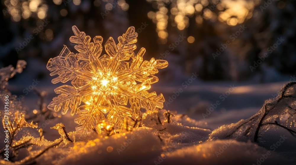 Poster an intricate snowflake glowing against a snowy backdrop during winter twilight, showcasing delicate 