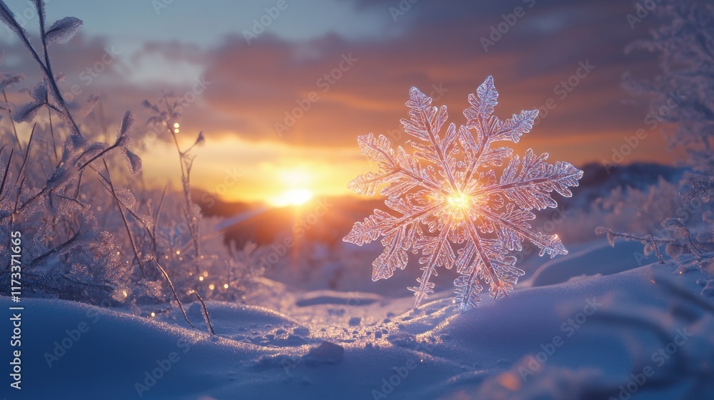 Poster an intricate snowflake glowing against a snowy backdrop during winter twilight, showcasing delicate 