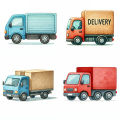 Colorful delivery trucks in various styles and sizes lined up on a white background
