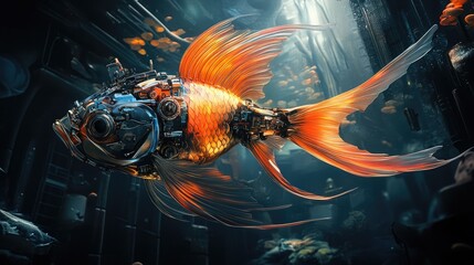 Surreal Bio-Mechanical Goldfish: Intricate Design Against a Dark, Atmospheric Backdrop