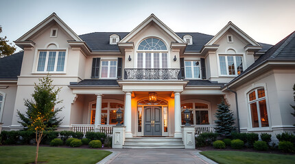 Two-story beige house with a dark gray roof, white columns, and a balcony above the main entrance.  Landscaped lawn and shrubs surround the house.  Windows are visible on both floors.