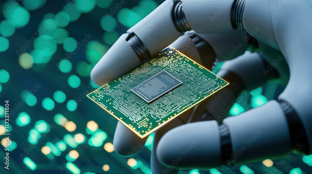 Poster futuristic robot hand holding microchip with glowing circuit background