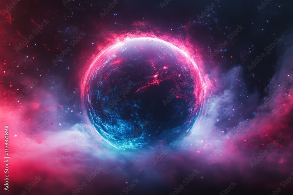 Poster vibrant cosmic sphere surrounded by colorful clouds in a galaxy setting at dusk