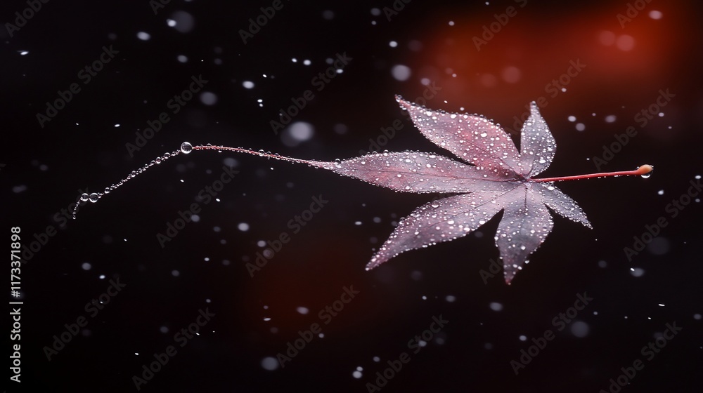 Aufkleber single wet maple leaf floats in dark background with bokeh and water droplets.